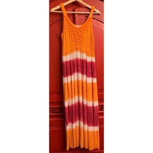 Studio West Apparel Size M Tie Dye Maxi Dress Orange Deep Pink Rayon Soft EUC